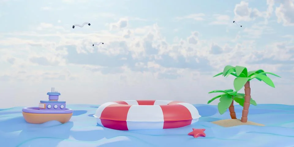 Swimming ring stage podium empty with summer beach background and beach Stock Illustration