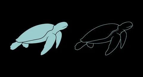 Swimming sea turtle depicted in solid silhouette and white line art styles Stockillustratie