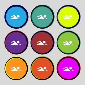 Swimming sign icon. Pool swim symbol. Sea wave. Set colourful buttons Stock Illustration