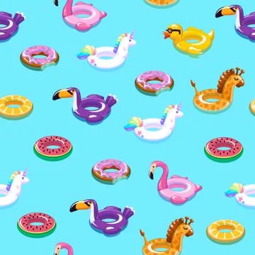 Swimming toys seamless pattern. Pool floating summer inflatable toy sea print Stock Illustration
