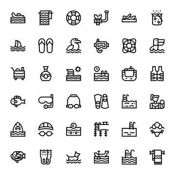 Swimming Vector Icon Set with 36 Bold Line 64x64 Pixel Optimized Graphics Stock Illustration