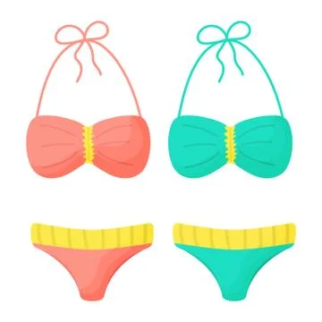Swimsuits isolated on a white background. Colored swimwears with stripes. Vector Stock Illustration
