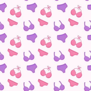 Swimsuits seamless pattern. Purple and pink Bikini Summer background Stock Illustration