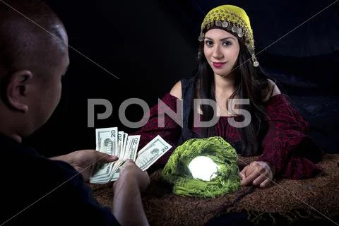 Swindler Gypsy Fortune Teller Committing Fraud Stock Photos