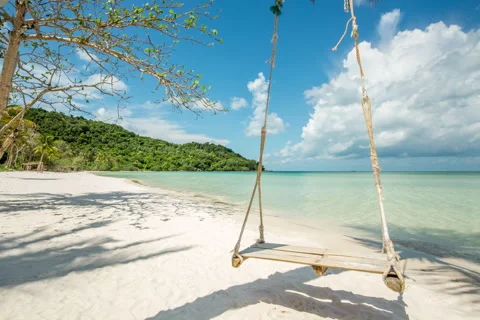 Swing at the beach look out to ocean and mountain Stock Footage 51030976