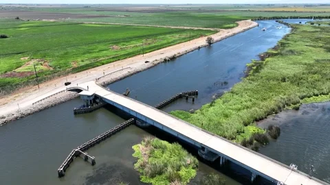Swing Bridge in action. Bridge opening. Swing bridge shot by drone. Video stock 199699425