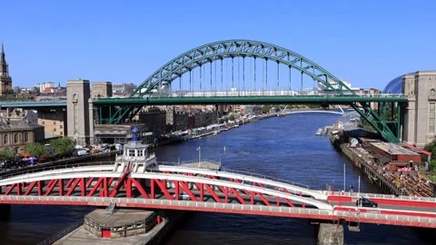 The Swing Bridge and Tyne Bridge over the River Tyne Stock Footage 342322219