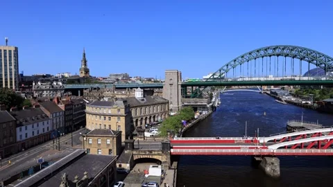 The Swing Bridge and Tyne Bridge over the River Tyne Stock Footage 342322231