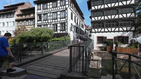 Swing Bridge Opening Along Canal in Strasbourg on Sunny Day Stock Footage 344467120