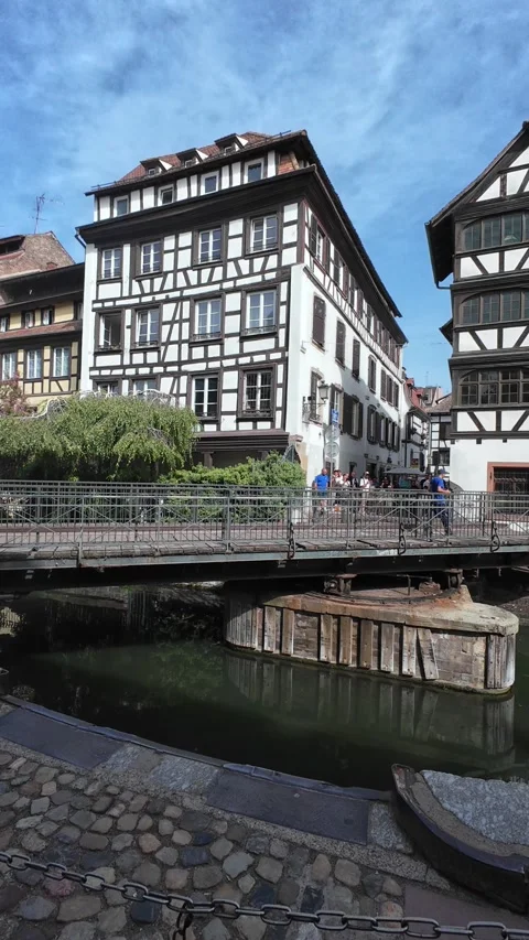 Swing Bridge Opening Along Canal in Strasbourg on Sunny Day Stock Footage 344467139