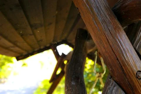 Swing with a cobweb in the evening light. Ancient wooden swing with a spider 库存照片