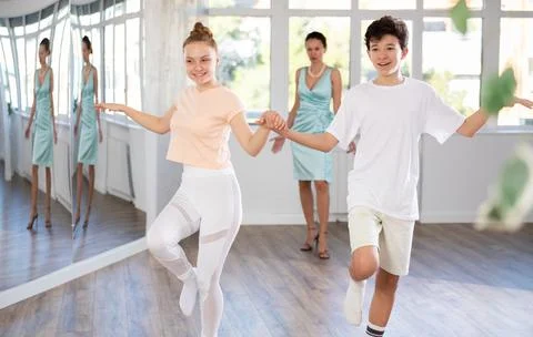 Swing dance training in choreographic studio Stock Photos