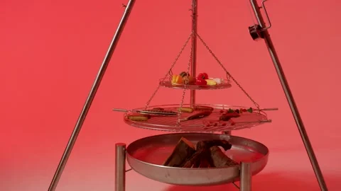 Swing Grill over Fire Bowl with Firewood and Food, Red Background, Studio Shot Stock Footage 341516053