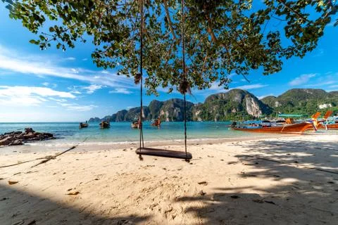 Swing hang from coconut tree over beach, Phi Phi Island, Thailand; Stock Photos