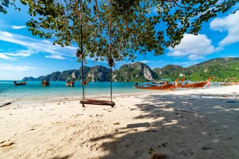 Swing hang from coconut tree over beach, Phi Phi Island, Thailand; Stock Photos