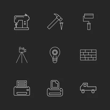 Swing machine , hammer, paint roller,  camera , hardware , tools ,labour , co Stock Illustration