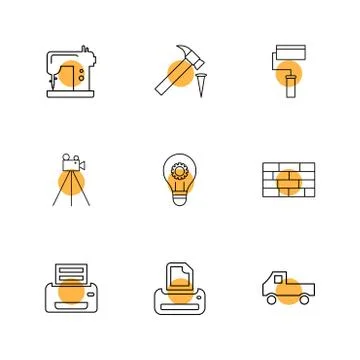Swing machine , hammer, paint roller,  camera , hardware , tools ,labour , co Stock Illustration