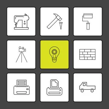 Swing machine , hammer, paint roller,  camera , hardware , tools ,labour , co Stock Illustration