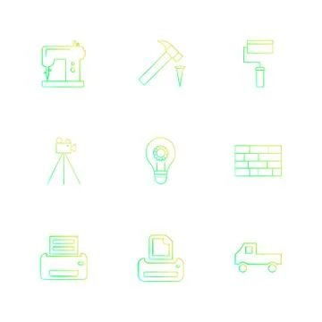 Swing machine , hammer, paint roller,  camera , hardware , tools ,labour , co Stock Illustration