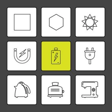 Swing machine , toster , kettle , battery , shapes , electronic , time , ecol Illustrazione stock