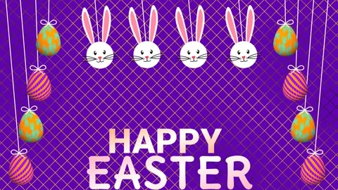Swinging Easter Bunny and Easter eggs on moving pattern background Stock Footage 234111842