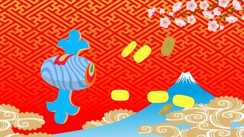 Swinging fortune mallet generating gold currencies , Mt.FUJI background Stock Footage 126095625