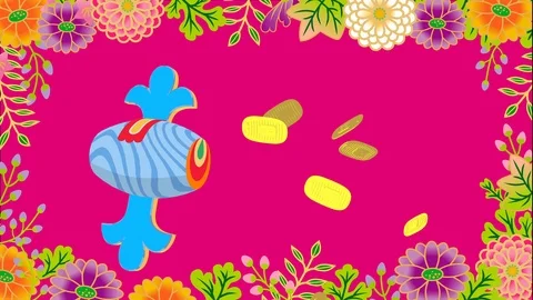 Swinging fortune mallet generating gold currencies , floral background Video stock 126095924