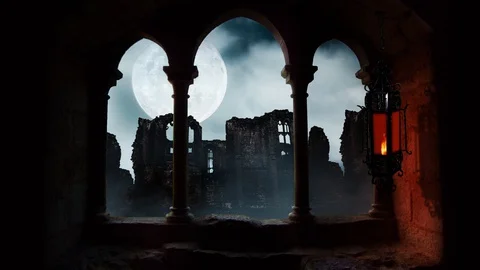 Swinging Lantern in Old Ruins Full Moon 4K Loop Stock Footage 128549611