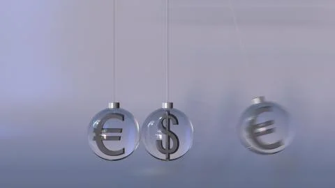 Swinging Newton's cradle made of dollar and euro currency symbols. Forex 스톡 일러스트