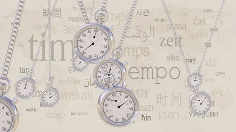 Swinging retro stopwatches against same inscriptions in different languages Video stock 68971433