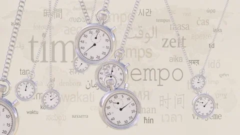 Swinging retro stopwatches against same captions in many languages. Time Video stock 69130605