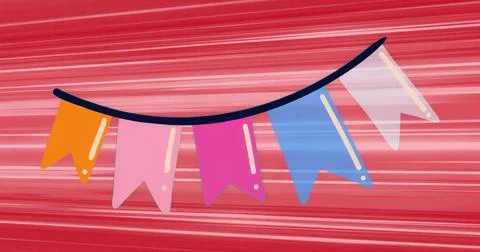 Swinging string of colorful pennant flags crossing abstract red background, Illustrazione stock