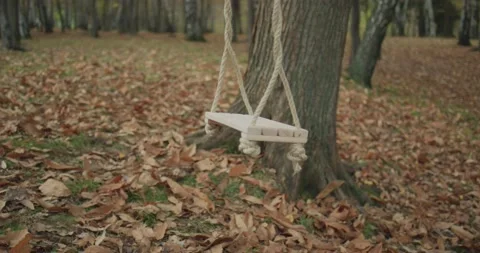 Swinging swing on empty public park in autumn. Leafs in playground on the floor Stock Footage 140714680