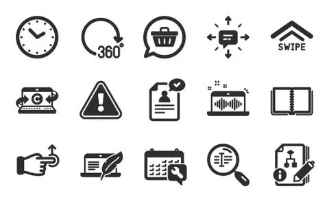 Swipe up, Algorithm and Copyright laptop icons set. Copywriting notebook, Sms Stock Illustration