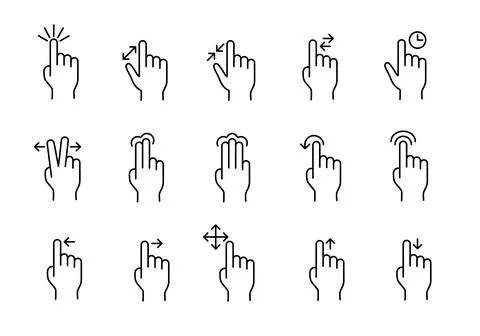 Swipe and scroll flat icon set. Touch, press, tap and hold on device screen p Stock Photos