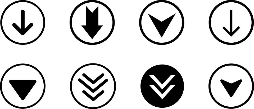 Swipe down icon. Arrow down button symbol. Scroll down icons set Stock Illustration