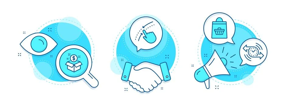 Swipe up, Post package and Online buying icons set. Timer sign. Touch down Stock Illustration