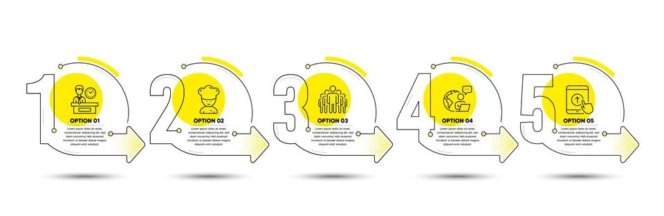 Swipe up, Presentation time and Group icons set. Cooking chef sign. Scrolling Stock Illustration