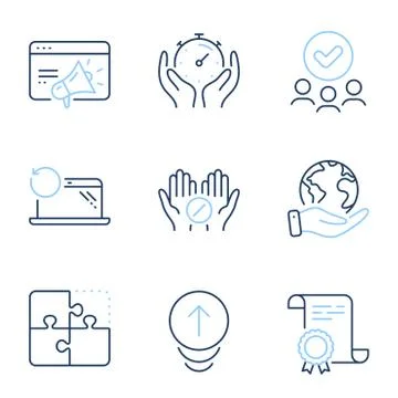 Swipe up, Recovery laptop and Timer icons set. Puzzle, Medical tablet and Seo Stock Illustration
