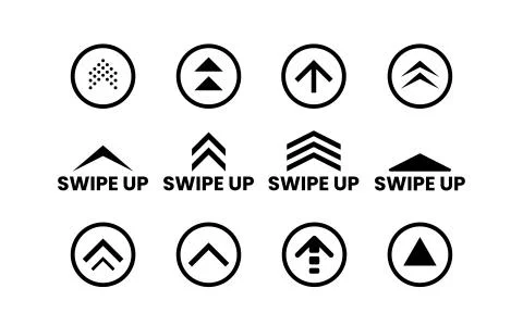 Swipe up set on white backdrop. Social media or application icons. Black buttons Illustrazione stock