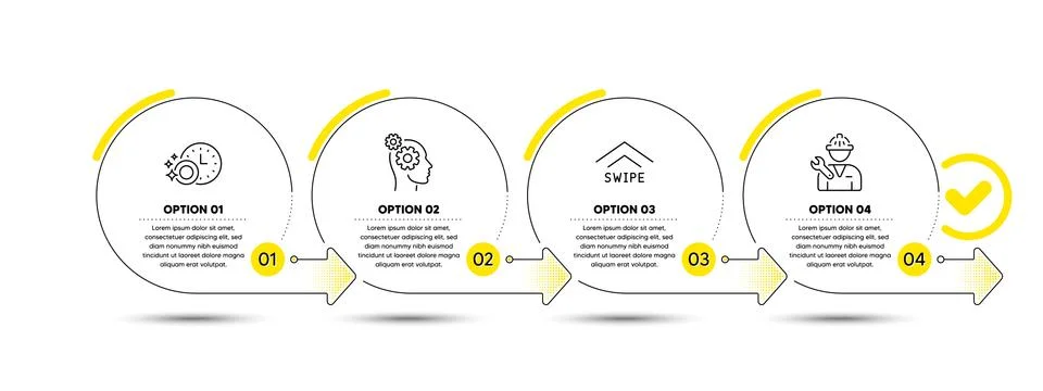 Swipe up, Thoughts and Dishwasher timer icons set. Repairman sign. Vector 스톡 일러스트