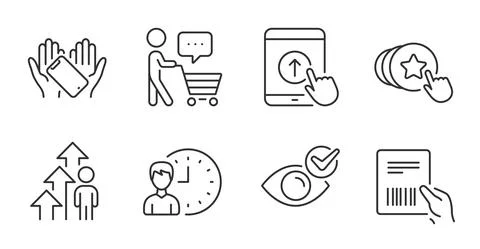 Swipe up, Working hours and Parcel invoice icons set. Hold heart, Check eye and Stock Illustration