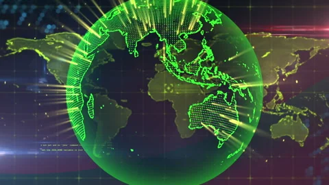 Swiping overlay shifting map into rotating holographic globe in grid display Stock Footage 311450720