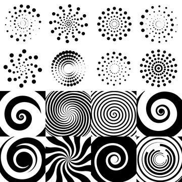 Swirl elements. Hypnotic geometric sign, black halftone rounds. Isolated dotted Stock Illustration