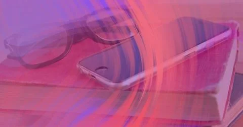 Swirl emerging lower right, sending pink arcs sweeping over phone on pads, Stock Illustration
