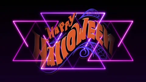 Swirl emerging in triangles morphing into Happy Halloween text while ghosts Stock Footage 319360756