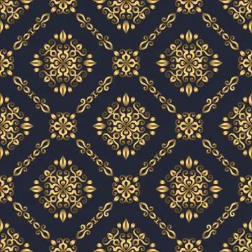 Swirl pattern. Seamless gold and navy blue ornament. 3D effect イラスト素材