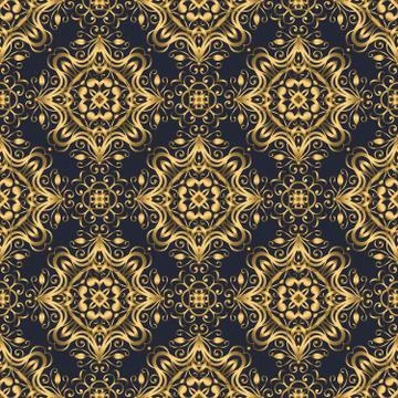 Swirl pattern. Seamless gold and navy blue ornament. 3D effect 스톡 일러스트