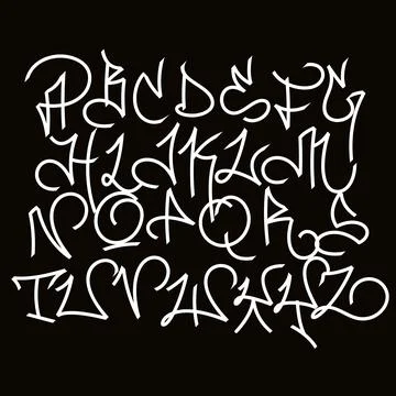 Swirl script font.Graffiti style alphabet.White letters on black background. Stock Illustration