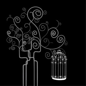 Swirl tree bird cage Stock Illustration